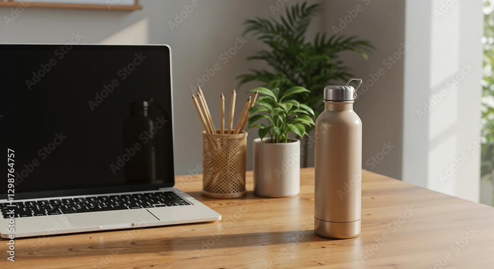 Fototapeta premium Minimalist Workspace with Laptop, Reusable Water Bottle, and Green Plants, Eco-Friendly Home Office Setup, Stainless Steel Bottle, Wooden Desk, Mockup, Cozy Home Office Setting