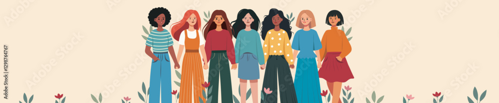 International Women's Day. March 8. Many beautiful free women of different skin colors and cultures stand together and hold hands. Vector banner. Feminism. Gender equality, women empowerment International Women's Day. March 8. Many beautiful free women of different skin colors and cultures stand together and hold hands. Vector banner. Feminism. Gender equality, women empowerment