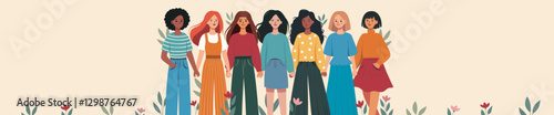 International Women's Day. March 8. Many beautiful free women of different skin colors and cultures stand together and hold hands. Vector banner. Feminism. Gender equality, women empowerment