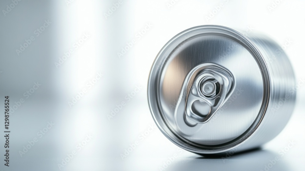 Close-up of a silver aluminum can with pull tab, on a reflective surface. Close-up of a silver aluminum can with pull tab, on a reflective surface.