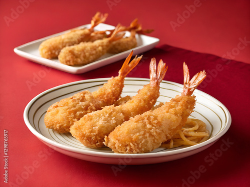 fried shrimp on a plate - red background