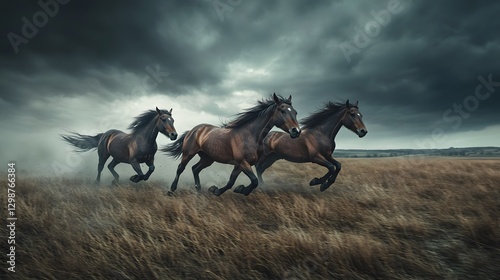 Wild Horses Galloping Through Open Fields Under Dramatic Sky