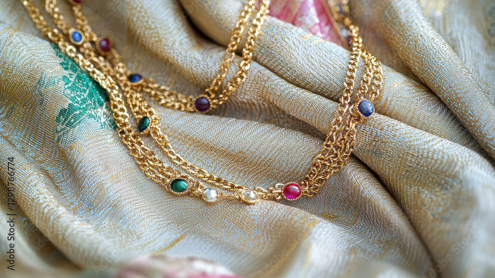 Fototapeta premium Elegant gold chain with colorful gemstones on textured fabric