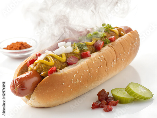 hot dog with mustard and ketchup