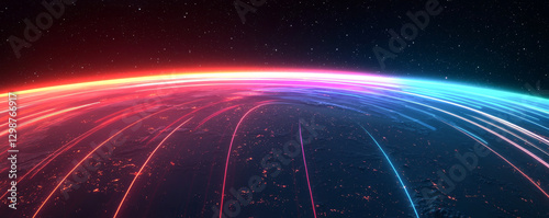 Futuristic digital landscape with colorful light trails and cosmic background.