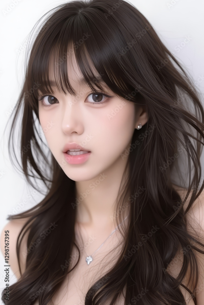 Female Asian Model with Long Hair - Young Beautiful Woman with Wavy Hair - Studio Portrait of Asian Beauty for Fashion, Cosmetic, Skincare - Posing on White Background - Smooth Styled Hair with Bangs Female Asian Model with Long Hair - Young Beautiful Woman with Wavy Hair - Studio Portrait of Asian Beauty for Fashion, Cosmetic, Skincare - Posing on White Background - Smooth Styled Hair with Bangs