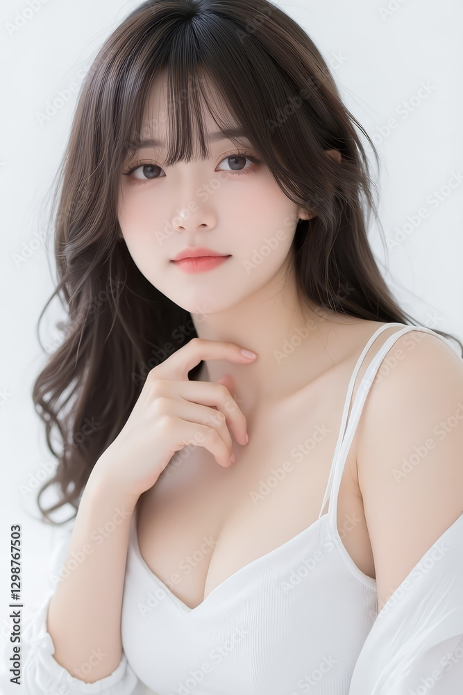Female Asian Model with Long Hair - Young Beautiful Woman with Wavy Hair - Studio Portrait of Asian Beauty for Fashion, Cosmetic, Skincare - Posing on White Background - Smooth Styled Hair with Bangs Female Asian Model with Long Hair - Young Beautiful Woman with Wavy Hair - Studio Portrait of Asian Beauty for Fashion, Cosmetic, Skincare - Posing on White Background - Smooth Styled Hair with Bangs