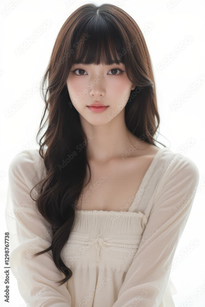 Female Asian Model with Long Hair - Young Beautiful Woman with Wavy Hair - Studio Portrait of Asian Beauty for Fashion, Cosmetic, Skincare - Posing on White Background - Smooth Styled Hair with Bangs Female Asian Model with Long Hair - Young Beautiful Woman with Wavy Hair - Studio Portrait of Asian Beauty for Fashion, Cosmetic, Skincare - Posing on White Background - Smooth Styled Hair with Bangs