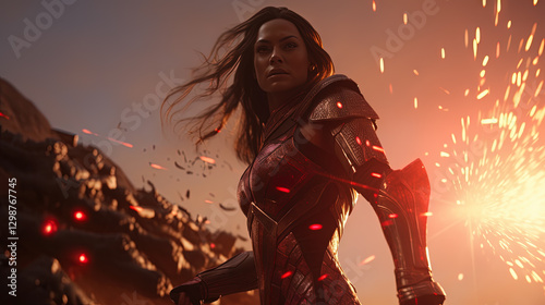 Action shot with woman in the sci-fi battle scene, superhero surrounded by sparkles. Dynamic scene in action movie blockbuster style.