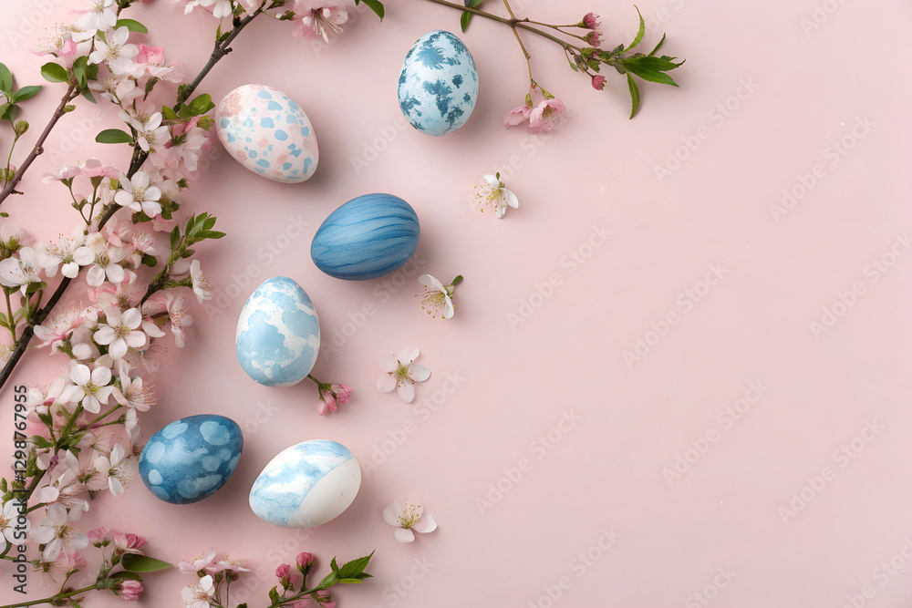 Stylish easter eggs and spring flowers border on pink paper flat lay, space for text. Modern natural dyed blue and marble easter eggs. Happy Easter. Greeting card template Stylish easter eggs and spring flowers border on pink paper flat lay, space for text. Modern natural dyed blue and marble easter eggs. Happy Easter. Greeting card template