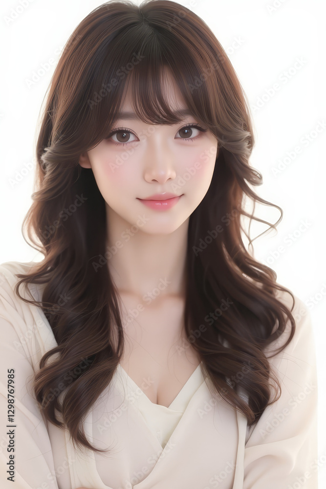 Female Asian Model with Long Hair - Young Beautiful Woman with Wavy Hair - Studio Portrait of Asian Beauty for Fashion, Cosmetic, Skincare - Posing on White Background - Smooth Styled Hair with Bangs Female Asian Model with Long Hair - Young Beautiful Woman with Wavy Hair - Studio Portrait of Asian Beauty for Fashion, Cosmetic, Skincare - Posing on White Background - Smooth Styled Hair with Bangs