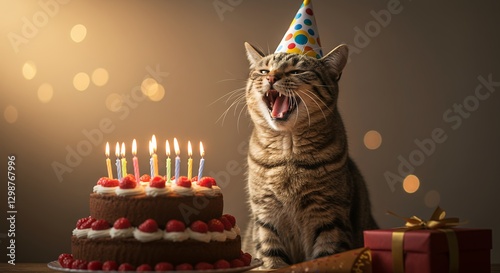 Cat Celebrating Birthday with Cake and Candles in Cozy Atmosphere photo
