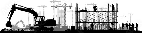 Vektor Silhouetten - Baustelle mit Ingenieuren Architekten und Arbeitern - Bauindustrie mit Industrie und Baukran Skyline im Hintergrund - Wachstum und Investitionen	