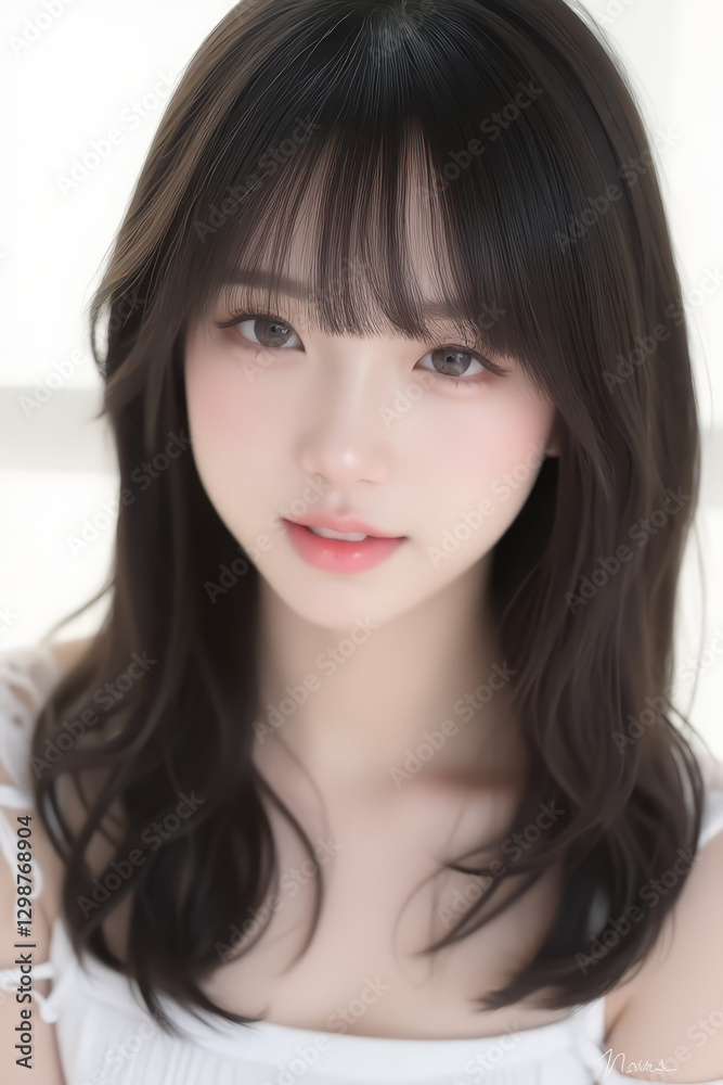 Female Asian Model with Long Hair - Young Beautiful Woman with Wavy Hair - Studio Portrait of Asian Beauty for Fashion, Cosmetic, Skincare - Posing on White Background - Smooth Styled Hair with Bangs Female Asian Model with Long Hair - Young Beautiful Woman with Wavy Hair - Studio Portrait of Asian Beauty for Fashion, Cosmetic, Skincare - Posing on White Background - Smooth Styled Hair with Bangs
