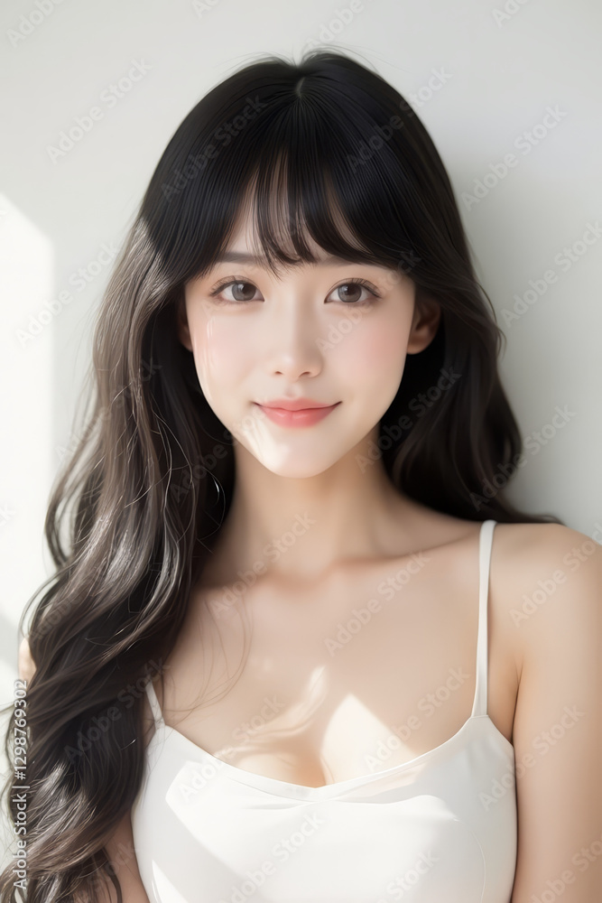 Female Asian Model with Long Hair - Young Beautiful Woman with Wavy Hair - Studio Portrait of Asian Beauty for Fashion, Cosmetic, Skincare - Posing on White Background - Smooth Styled Hair with Bangs Female Asian Model with Long Hair - Young Beautiful Woman with Wavy Hair - Studio Portrait of Asian Beauty for Fashion, Cosmetic, Skincare - Posing on White Background - Smooth Styled Hair with Bangs