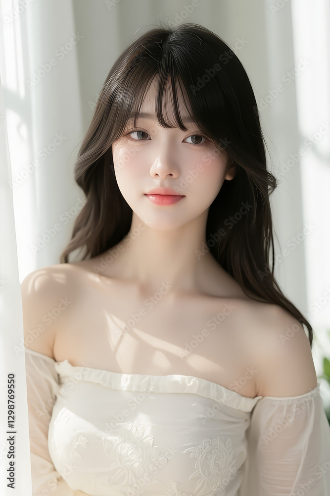 Female Asian Model with Long Hair - Young Beautiful Woman with Wavy Hair - Studio Portrait of Asian Beauty for Fashion, Cosmetic, Skincare - Posing on White Background - Smooth Styled Hair with Bangs Female Asian Model with Long Hair - Young Beautiful Woman with Wavy Hair - Studio Portrait of Asian Beauty for Fashion, Cosmetic, Skincare - Posing on White Background - Smooth Styled Hair with Bangs