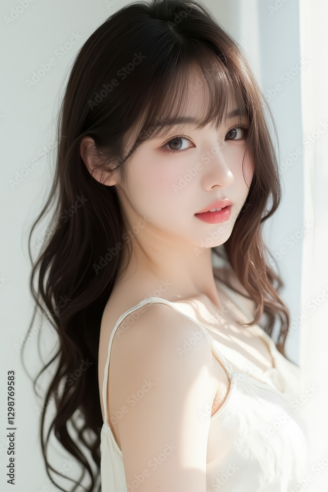 Female Asian Model with Long Hair - Young Beautiful Woman with Wavy Hair - Studio Portrait of Asian Beauty for Fashion, Cosmetic, Skincare - Posing on White Background - Smooth Styled Hair with Bangs Female Asian Model with Long Hair - Young Beautiful Woman with Wavy Hair - Studio Portrait of Asian Beauty for Fashion, Cosmetic, Skincare - Posing on White Background - Smooth Styled Hair with Bangs