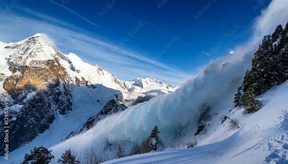Fototapeta premium awe-inspiring spectacle of nature in motion is captured in breathtaking drama of an avalanche descending a mountain slope, with majestic peaks and turbulent snow