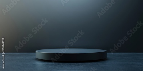 Round display podium on dark surface with minimalist background suitable for showcasing products or artwork in a professional setting