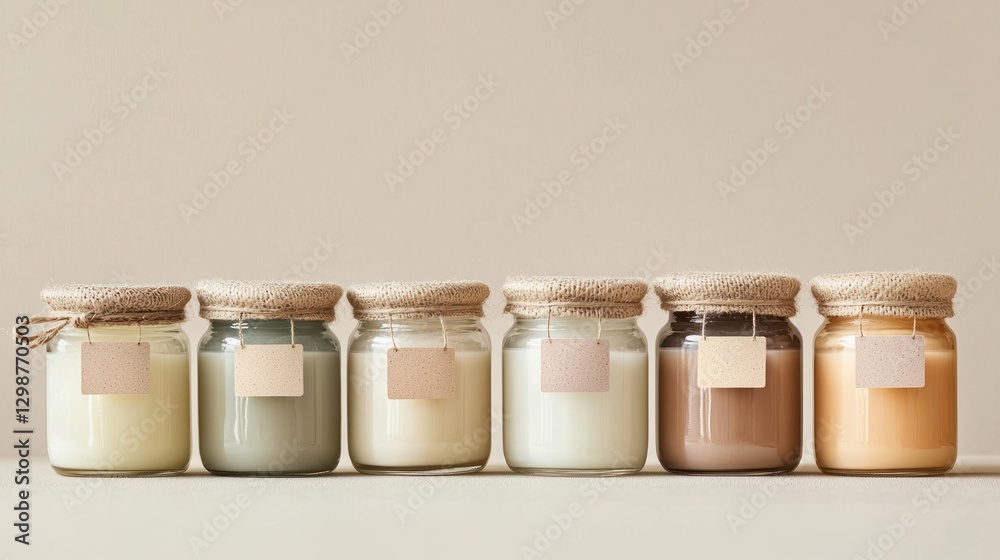 A set of glass jars containing different natural body lotion types with organic labels A set of glass jars containing different natural body lotion types with organic labels