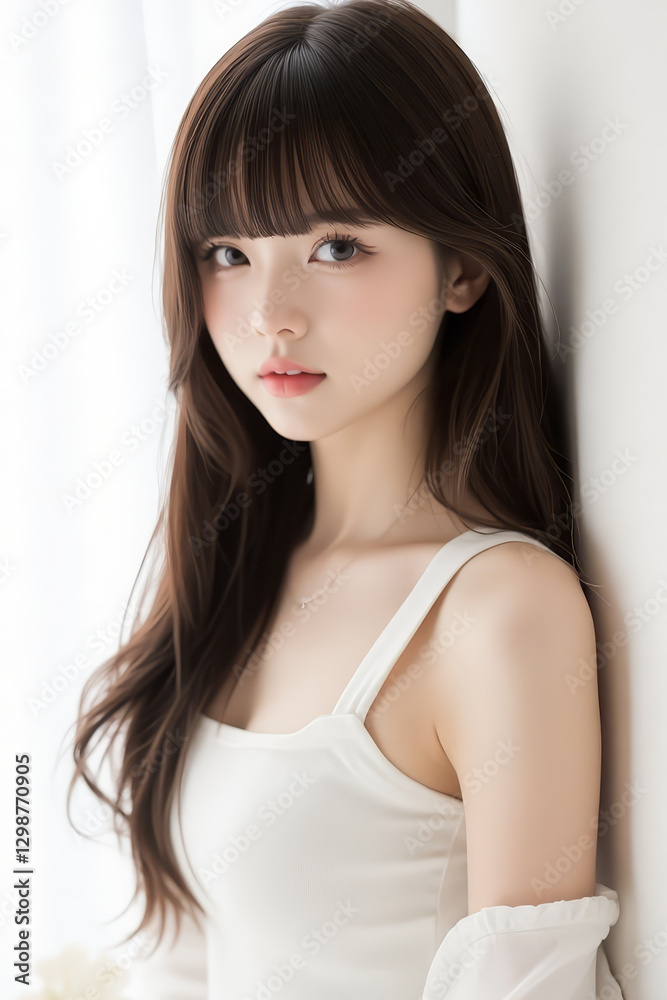 Female Asian Model with Long Hair - Young Beautiful Woman with Wavy Hair - Studio Portrait of Asian Beauty for Fashion, Cosmetic, Skincare - Posing on White Background - Smooth Styled Hair with Bangs Female Asian Model with Long Hair - Young Beautiful Woman with Wavy Hair - Studio Portrait of Asian Beauty for Fashion, Cosmetic, Skincare - Posing on White Background - Smooth Styled Hair with Bangs