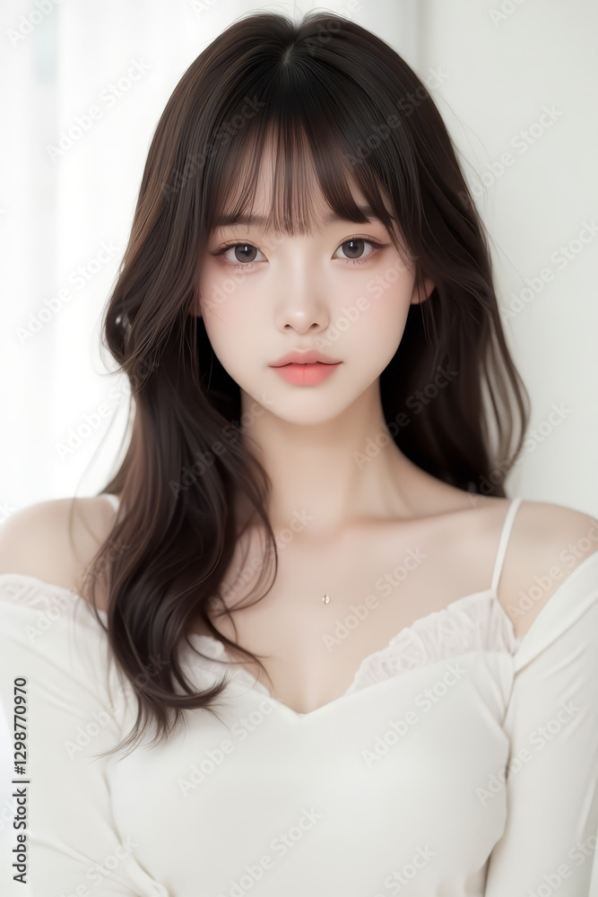Female Asian Model with Long Hair - Young Beautiful Woman with Wavy Hair - Studio Portrait of Asian Beauty for Fashion, Cosmetic, Skincare - Posing on White Background - Smooth Styled Hair with Bangs Female Asian Model with Long Hair - Young Beautiful Woman with Wavy Hair - Studio Portrait of Asian Beauty for Fashion, Cosmetic, Skincare - Posing on White Background - Smooth Styled Hair with Bangs