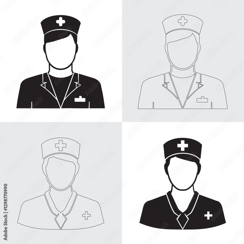 Set of funny cartoon doctors and nurses icon or silhouette Set of funny cartoon doctors and nurses icon or silhouette
