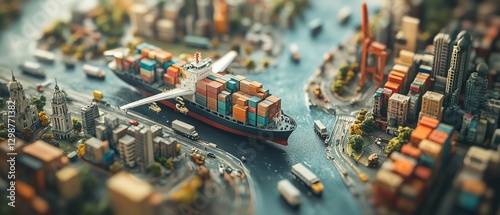 Creative depiction of a global trade network, showing small logistics figures operating vehicles, planes, and cargo ships in an interconnected world photo