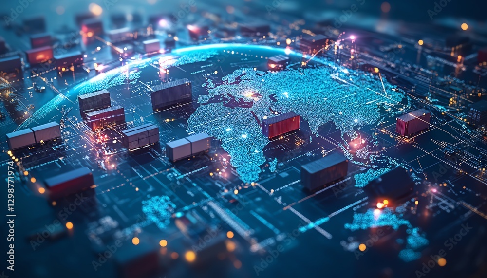Obraz premium Dynamic isometric logistics scene with tiny figures coordinating shipments across a globe model