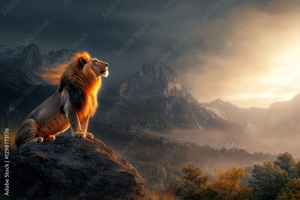 Obraz premium Majestic Male Lion Silhouette Roaring at Sunset in Rugged African Wildlife Landscape