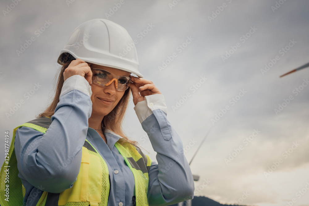 Obraz premium A professional female engineer is meticulously adjusting her safety gear while working on a large wind farm, ensuring both her safety and efficiency in her role within the renewable energy sector