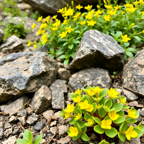 Close-up of endemic Aubrieta Deltoidea, growing in a natural rock garden with Forsythia in the background, both flourishing in the rugged terrain