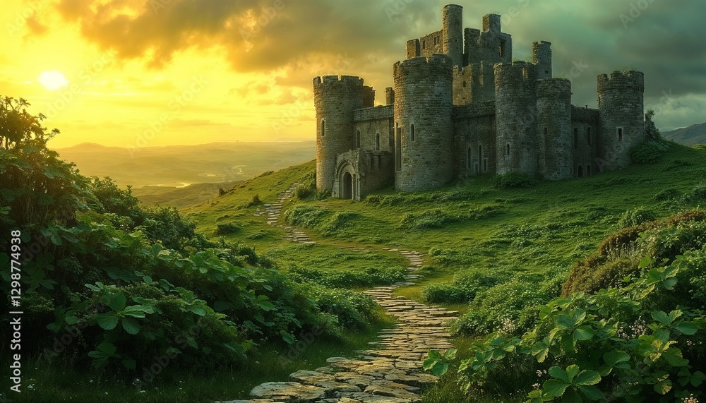 Majestic castle ruins on a hill with a scenic pathway and dramatic sunset sky copy space