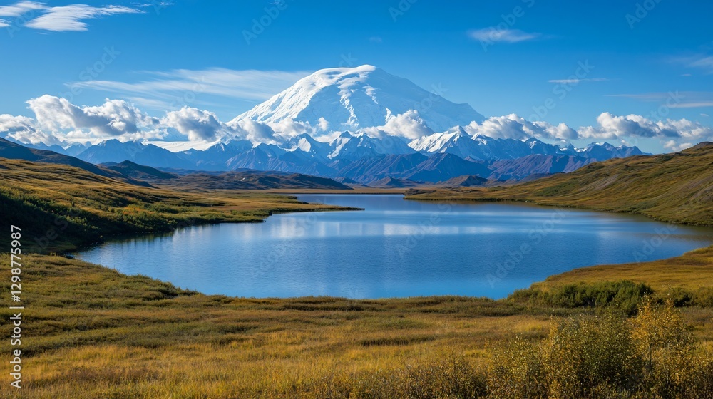 Scenic View of Denali National Park and Wonder Lake with Mount Landscape Reflection Water Nature Alaska Wilderness Tourism Adventure Scenic View of Denali National Park and Wonder Lake with Mount Landscape Reflection Water Nature Alaska Wilderness Tourism Adventure