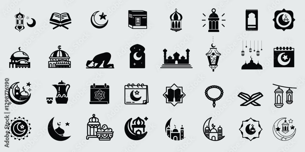 A collection of black and white vector icons representing Ramadan, Hajj, and Islamic culture. Includes lanterns, mosques, Kaaba, crescent moons, prayer, fasting, calendars, and festive decorations. A collection of black and white vector icons representing Ramadan, Hajj, and Islamic culture. Includes lanterns, mosques, Kaaba, crescent moons, prayer, fasting, calendars, and festive decorations.