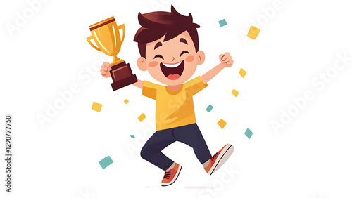 a young boy joyfully celebrating his achievement, holding a trophy high
