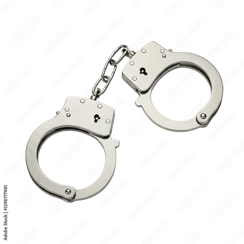 Shiny silver handcuffs linked by a short chain isolated on a crisp white background High-quality 3D rendering perfect for law enforcement security, or editorial themes Shiny silver handcuffs linked by a short chain isolated on a crisp white background High-quality 3D rendering perfect for law enforcement security, or editorial themes