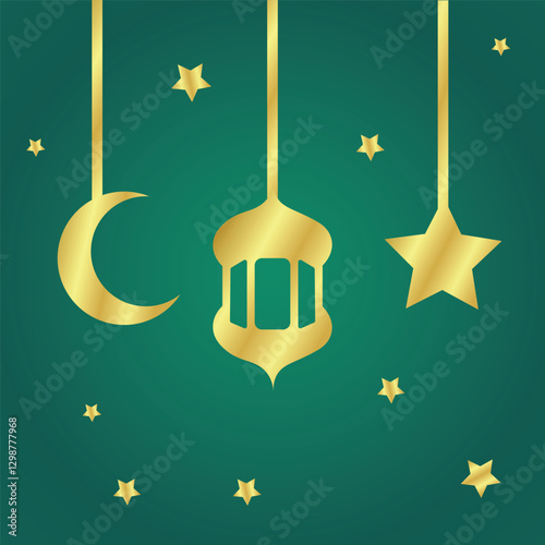 Ramadan Kareem Golden Islamic Decoration with Crescent Moon, Lantern, and Stars