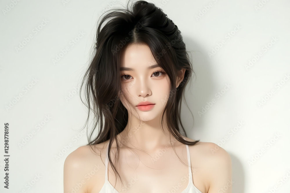 Asian Female in Studio Setting - Young Woman on White Background with Soft Shadows - Styled Long Hair - Portrait of Eastern Beauty for Fashion or Cosmetic Model - Photoshoot Modelling Asian Female in Studio Setting - Young Woman on White Background with Soft Shadows - Styled Long Hair - Portrait of Eastern Beauty for Fashion or Cosmetic Model - Photoshoot Modelling