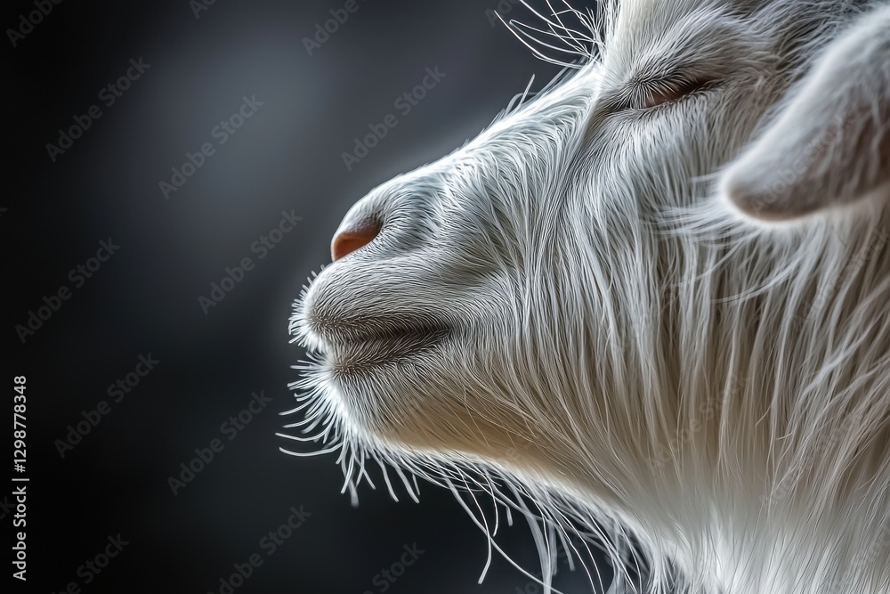 A close-up portrait captures the serene profile of a white goat, showcasing its soft, flowing fur and gentle expression against a dark, blurred background. A close-up portrait captures the serene profile of a white goat, showcasing its soft, flowing fur and gentle expression against a dark, blurred background.