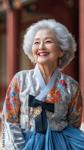 Wallpaper Mural Elegant senior Asian woman wearing traditional hanbok dress smiles radiantly, her silver hair perfectly styled, against temple background in soft lighting, embodying grace and joy Torontodigital.ca