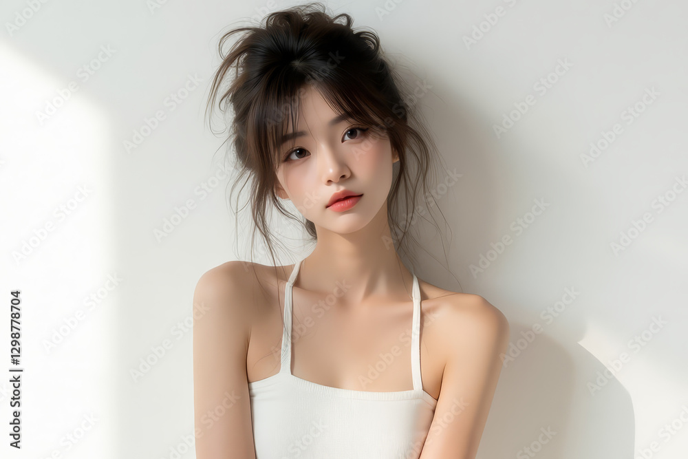 Asian Female in Studio Setting - Young Woman on White Background with Soft Shadows - Styled Long Hair - Portrait of Eastern Beauty for Fashion or Cosmetic Model - Photoshoot Modelling Asian Female in Studio Setting - Young Woman on White Background with Soft Shadows - Styled Long Hair - Portrait of Eastern Beauty for Fashion or Cosmetic Model - Photoshoot Modelling