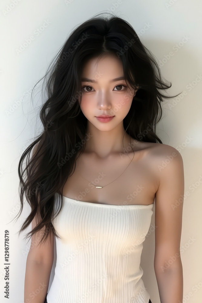 Asian Female in Studio Setting - Young Woman on White Background with Soft Shadows - Styled Long Hair - Portrait of Eastern Beauty for Fashion or Cosmetic Model - Photoshoot Modelling Asian Female in Studio Setting - Young Woman on White Background with Soft Shadows - Styled Long Hair - Portrait of Eastern Beauty for Fashion or Cosmetic Model - Photoshoot Modelling