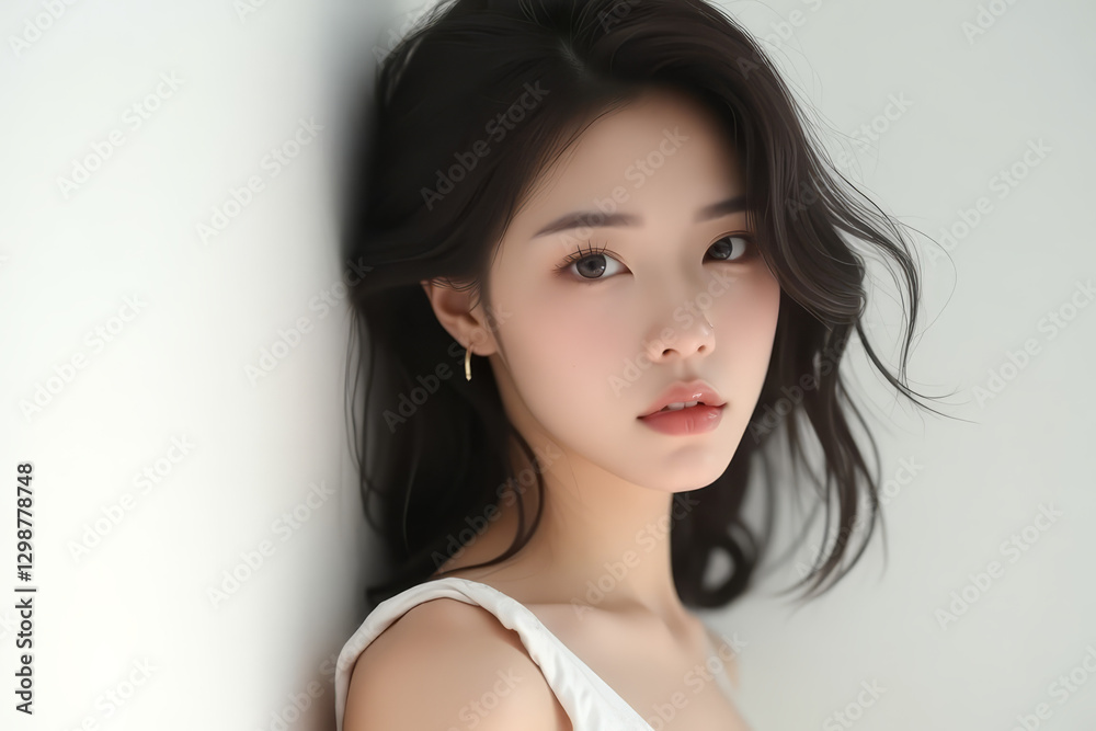 Asian Female in Studio Setting - Young Woman on White Background with Soft Shadows - Styled Long Hair - Portrait of Eastern Beauty for Fashion or Cosmetic Model - Photoshoot Modelling Asian Female in Studio Setting - Young Woman on White Background with Soft Shadows - Styled Long Hair - Portrait of Eastern Beauty for Fashion or Cosmetic Model - Photoshoot Modelling
