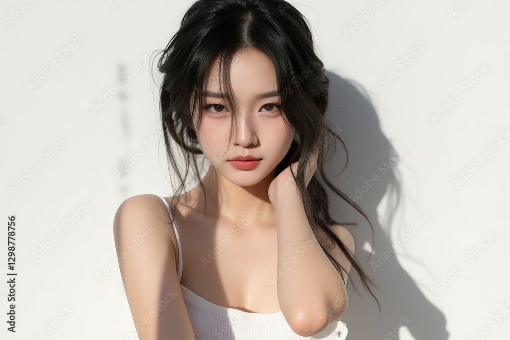 Asian Female in Studio Setting - Young Woman on White Background with Soft Shadows - Styled Long Hair - Portrait of Eastern Beauty for Fashion or Cosmetic Model - Photoshoot Modelling Asian Female in Studio Setting - Young Woman on White Background with Soft Shadows - Styled Long Hair - Portrait of Eastern Beauty for Fashion or Cosmetic Model - Photoshoot Modelling