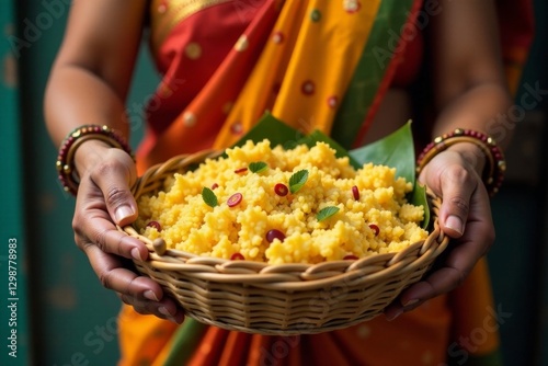 Close-up of Indian woman's hands holding roti basket while carrying pineapple, fruit, hands