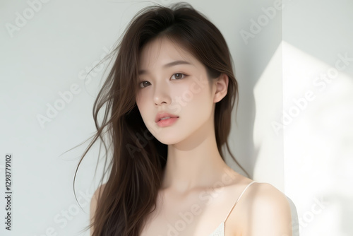Asian Female in Studio Setting - Young Woman on White Background with Soft Shadows - Styled Long Hair - Portrait of Eastern Beauty for Fashion or Cosmetic Model - Photoshoot Modelling