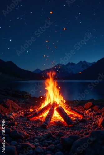 Burning coals of a bonfire under starry night sky, embers, smoke