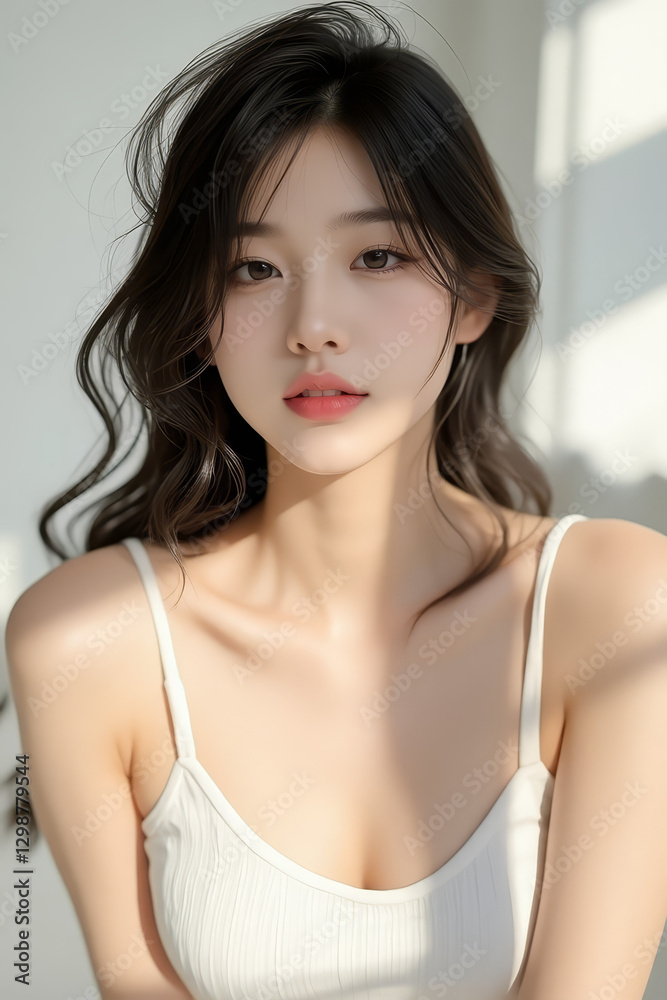 Asian Female in Studio Setting - Young Woman on White Background with Soft Shadows - Styled Long Hair - Portrait of Eastern Beauty for Fashion or Cosmetic Model - Photoshoot Modelling Asian Female in Studio Setting - Young Woman on White Background with Soft Shadows - Styled Long Hair - Portrait of Eastern Beauty for Fashion or Cosmetic Model - Photoshoot Modelling