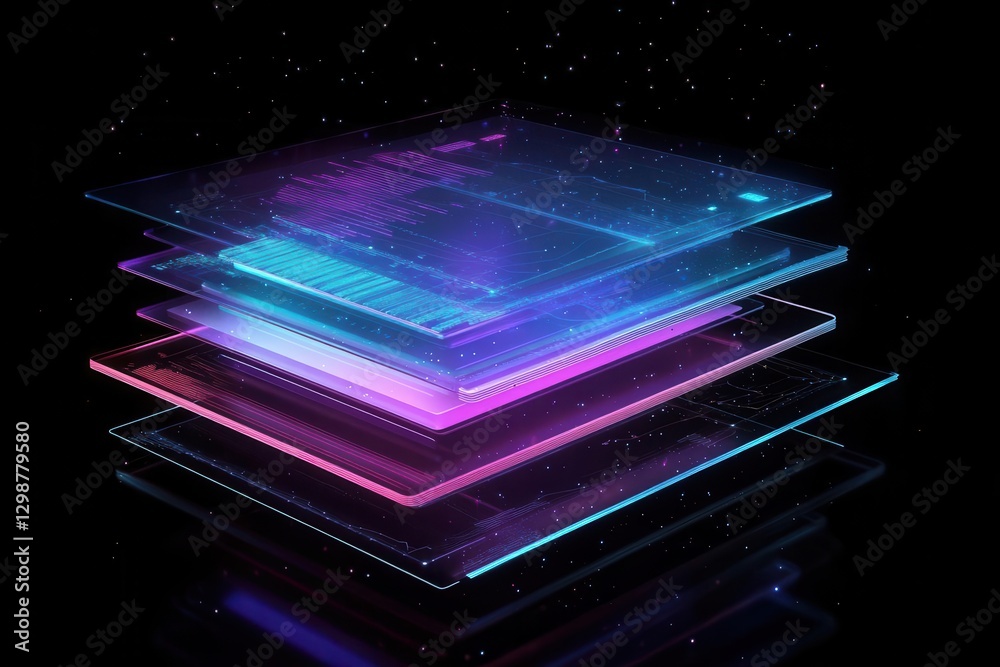 cascading data visualization with 3d holographic charts floating in dark space, neon blue and purple elements highlighting key metrics, translucent layers showing depth of analysis